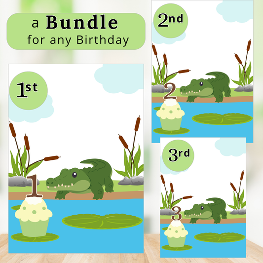 Three birthday cards with crocodile illustrations and numbers on a wooden surface.