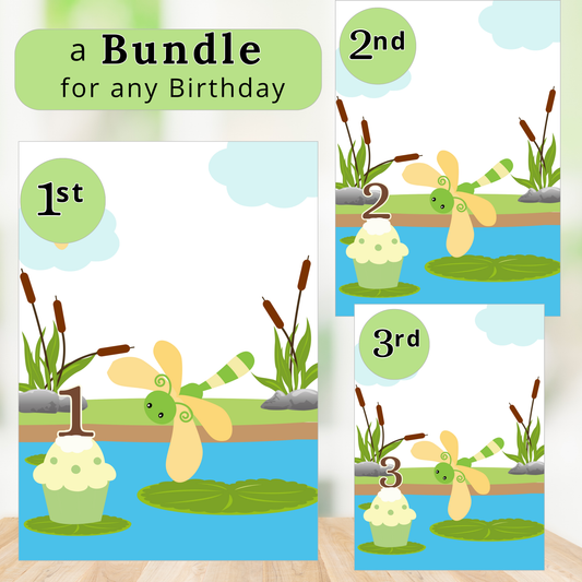Three birthday cards with dragonflies and numbers on a pond-themed background