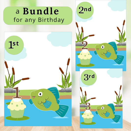 Set of three birthday cards with fish and numbers on a water-themed background