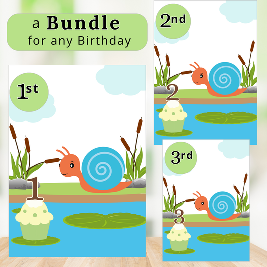 Set of three birthday cards with a snail and number decorations on a water lily background.