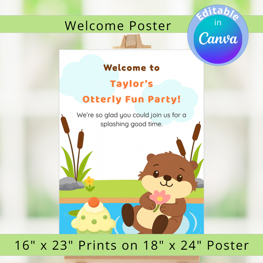 Party invitation with cartoon otter holding a flower, surrounded by cattails and water lilies.