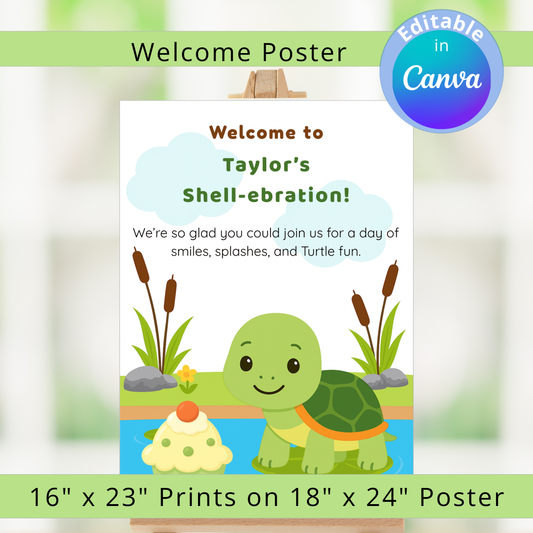 Children's birthday party poster with a turtle and text, featuring Canva editing information.