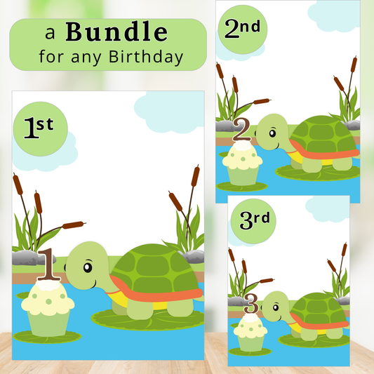 Three birthday cards with turtles and numbers on a light background
