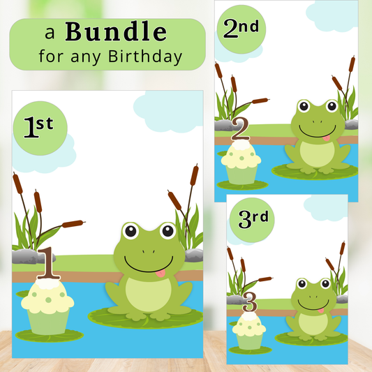 Set of three birthday cards with cartoon frogs and numbers on a pond background.