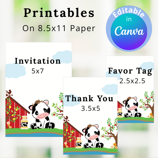 Printable invitation, favor tag, and thank you card templates with cow design on 8.5x11 paper.