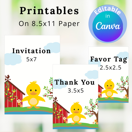 Printable invitation, favor tag, and thank you card with a yellow duck design on 8.5x11 paper.