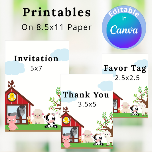 Farm-themed printables with various sizes on 8.5x11 paper, featuring animals and a barn.
