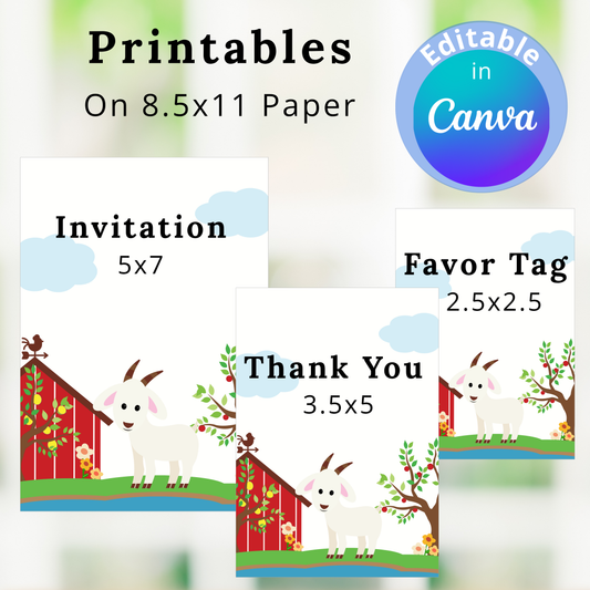Printable invitation, favor tag, and thank you card designs with goats and a barn on 8.5x11 paper.