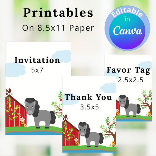 Printable invitation, favor tag, and thank you card with horse design on 8.5x11 paper.