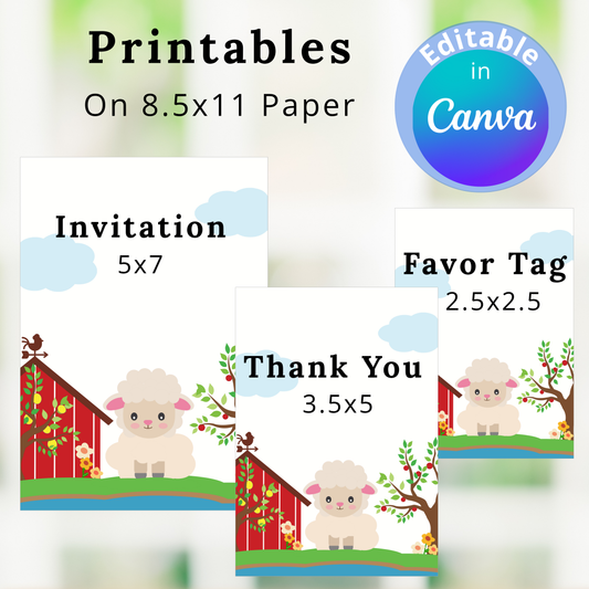 Sheep-themed printables with sizes and Canva editing information on a blurred background