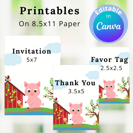 Printable invitation, favor tag, and thank you card with pig design on 8.5x11 paper.