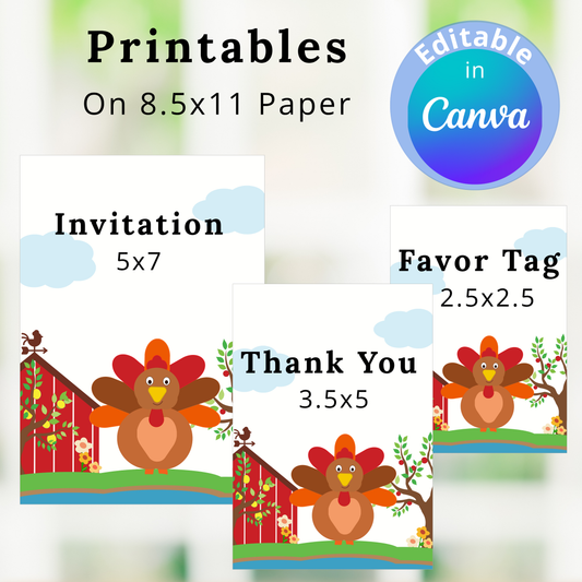 Thanksgiving-themed printables with turkey design on 8.5x11 paper, including invitation, favor tag, and thank you card sizes.