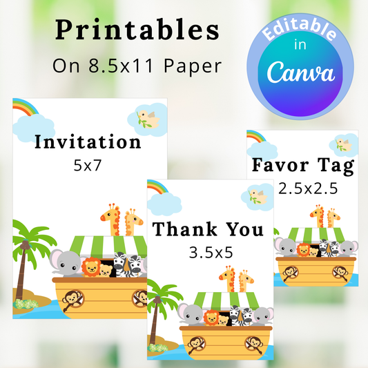 Printables for invitation, favor tag, and thank you card with Noah's Ark design on 8.5x11 paper.
