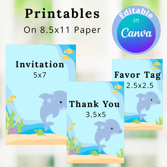 Printables with dolphin design on 8.5x11 paper, including invitation, favor tag, and thank you card sizes.
