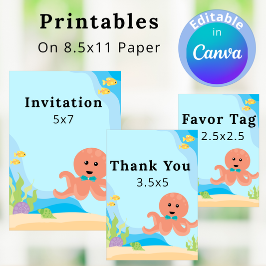 Printables with octopus design on 8.5x11 paper, including invitation, favor tag, and thank you card.