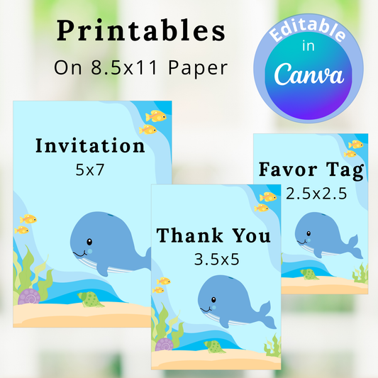 Printables with whale design on 8.5x11 paper, including invitation, favor tag, and thank you card sizes.