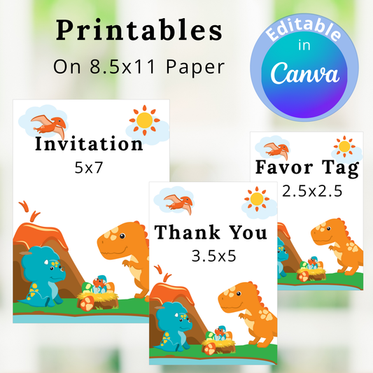 Dinosaur-themed printables with sizes and Canva editing information on a white background.