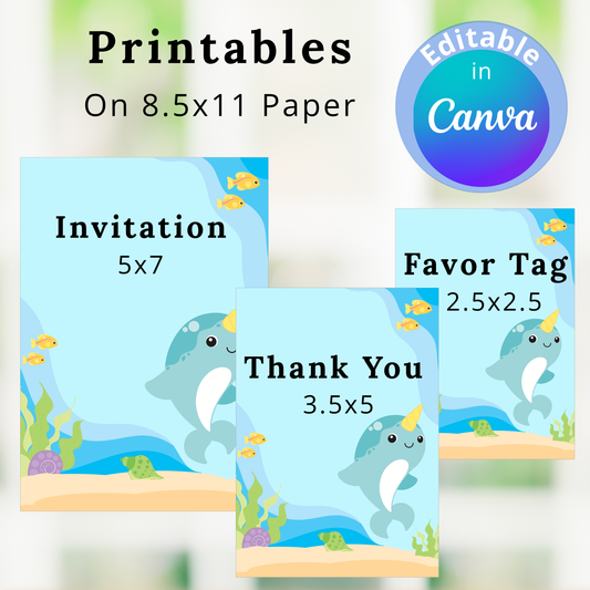 Printables with cartoon dolphins for invitations, favor tags, and thank you notes on 8.5x11 paper.