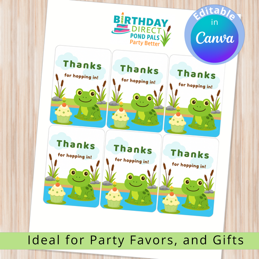 Sheet of frog-themed thank you cards with editable text feature on a wooden surface.