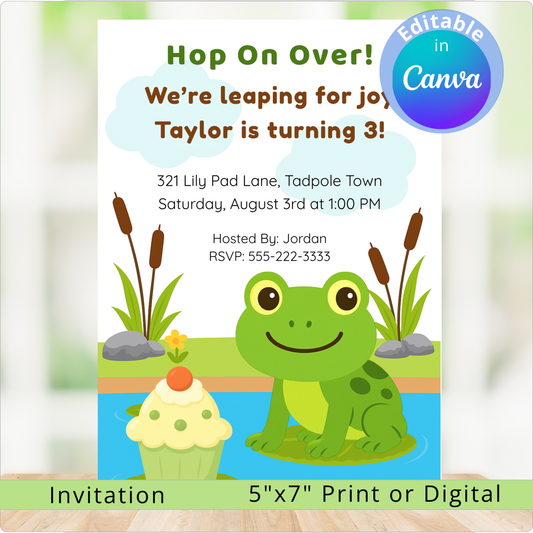 Children's birthday invitation with a frog and cupcake design, featuring editable text in Canva.