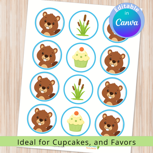 Sheet of stickers with cartoon beavers and other elements, ideal for cupcakes and favors, on a wooden surface.