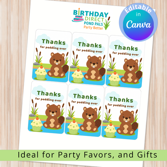 Sheet of 'Thanks for paddling over' stickers with cartoon beavers, ideal for party favors and gifts.