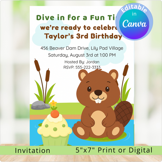 Birthday invitation with a cartoon beaver and cupcake design, featuring editable text in Canva.