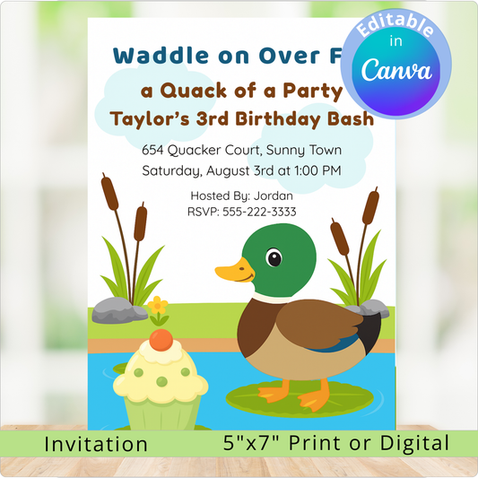 Birthday party invitation with a duck and cupcake design, featuring editable text in Canva.