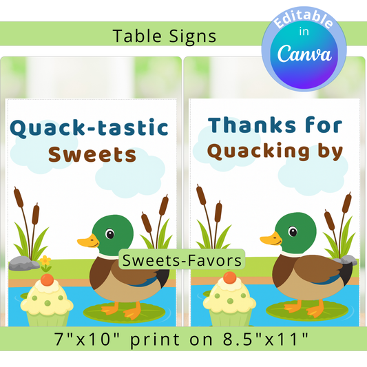Two duck-themed table signs with text and graphics on a white background.
