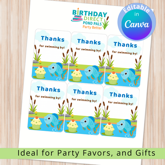 Sheet of 'Thanks for swimming by!' stickers with cartoon fish and lily pads, suitable for party favors and gifts.