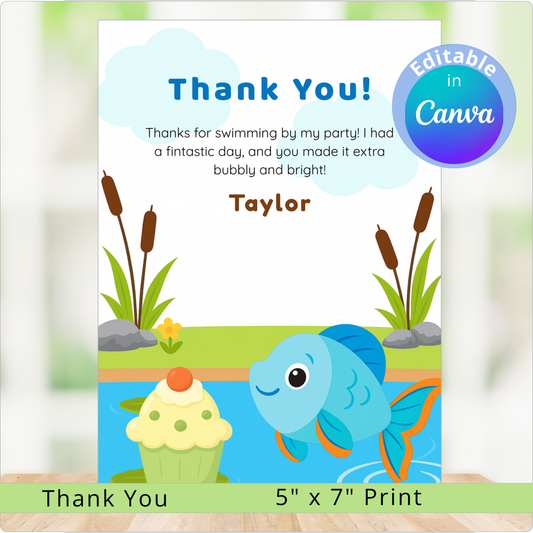 Children's party thank you card with a fish and cupcake design, featuring the text 'Thank You! Thanks for swimming by my party! I had a fintastic day, and you made it extra bubbly and bright! Taylor'.