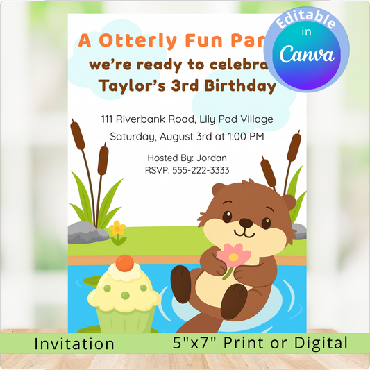 Birthday invitation with an otter holding a flower and a cupcake, set against a background of water and reeds.