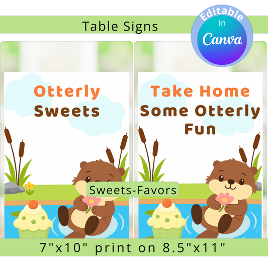 Two table signs with cartoon otters and text about treats and fun, featuring a Canva edit option.