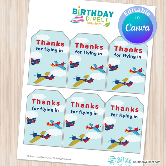 Set of 'Thanks for flying in' airplane-themed gift tags from Birthday Direct on a wooden surface.