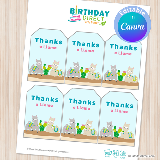 Sheet of 'Thanks a Llama' birthday party tags from Birthday Direct on a wooden surface.