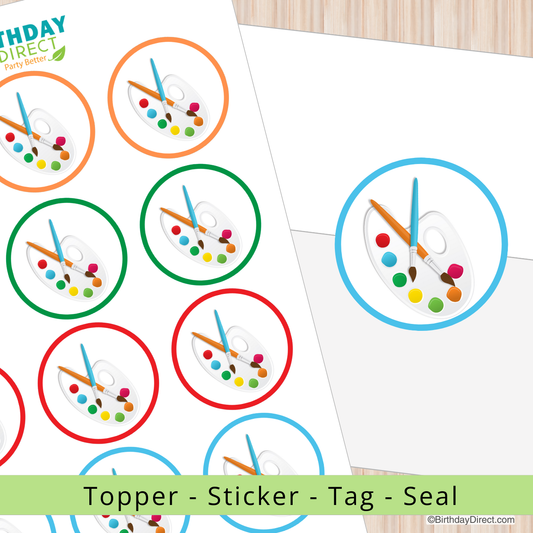 Colorful round topper with paintbrush design on a white background, featuring Birthday Direct branding.