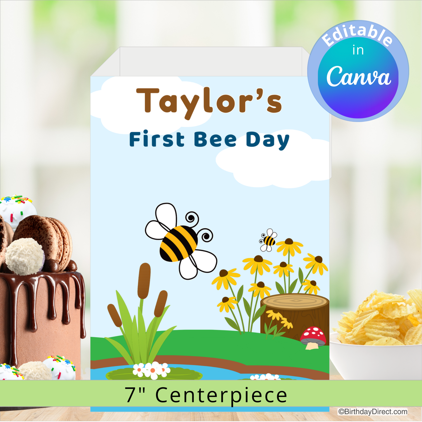 Children's birthday party centerpiece with bee-themed design and editable text in Canva.