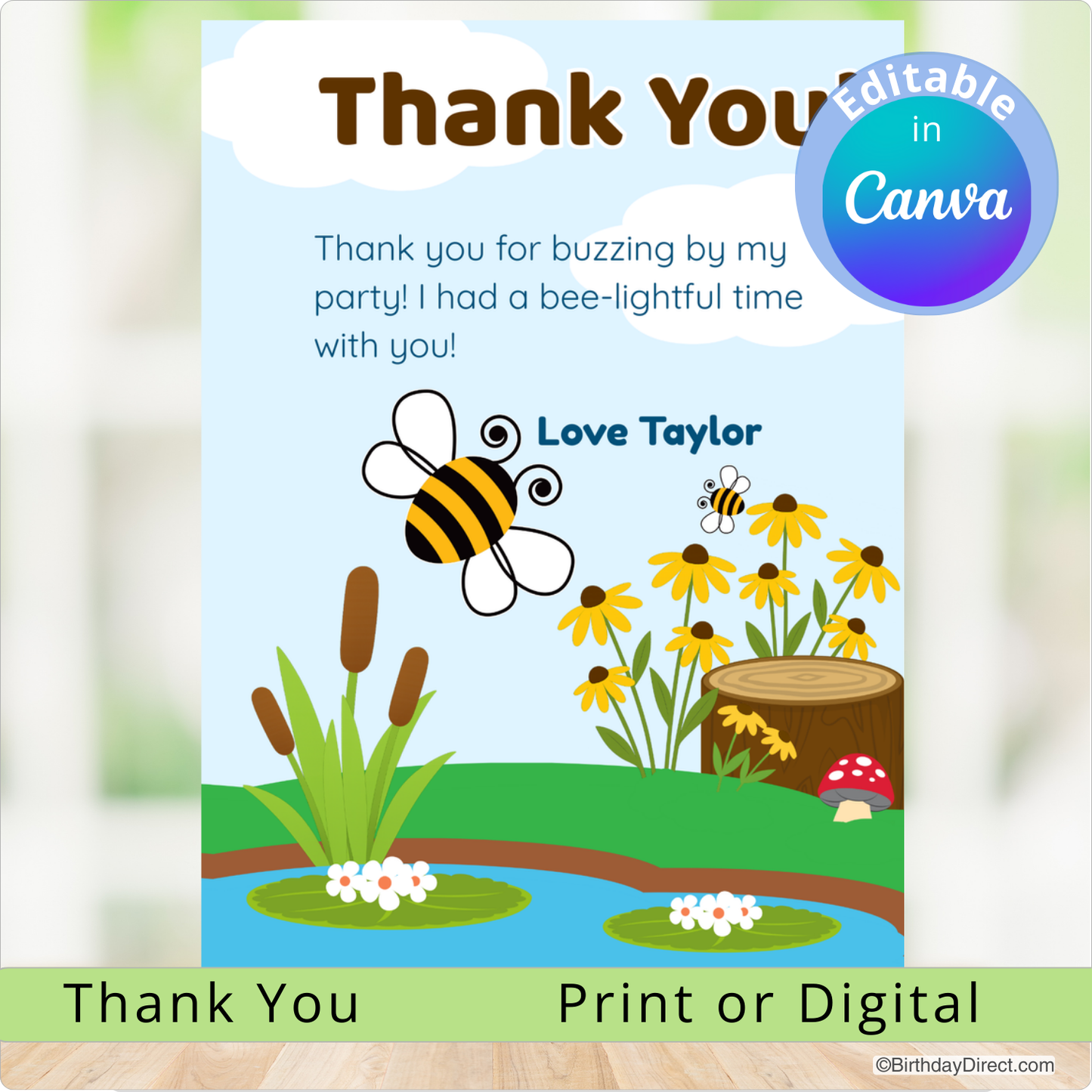 Thank you card with bee and flowers design, editable in Canva.