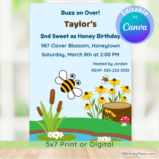 Birthday invitation with bees and flowers on a blue background, featuring the text 'Buzz on Over! Taylor's 2nd Sweet as Honey Birthday'.