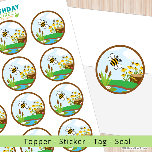 Set of bee-themed stickers with flowers and water on a white background, branded 'Birthday Direct'.