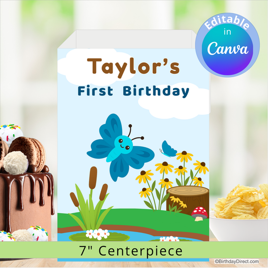 Birthday centerpiece with blue butterfly design and editable text in Canva.