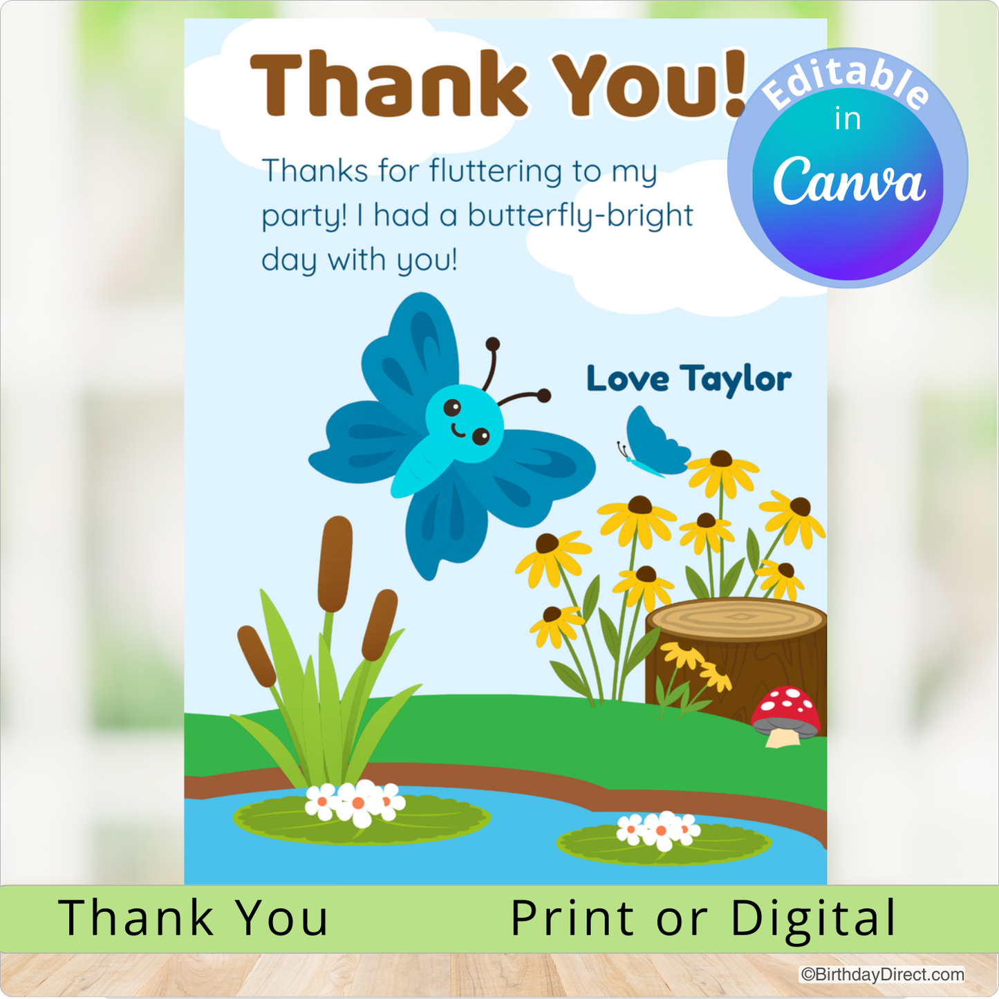 Thank you card with a blue butterfly, flowers, and a pond on a white background.