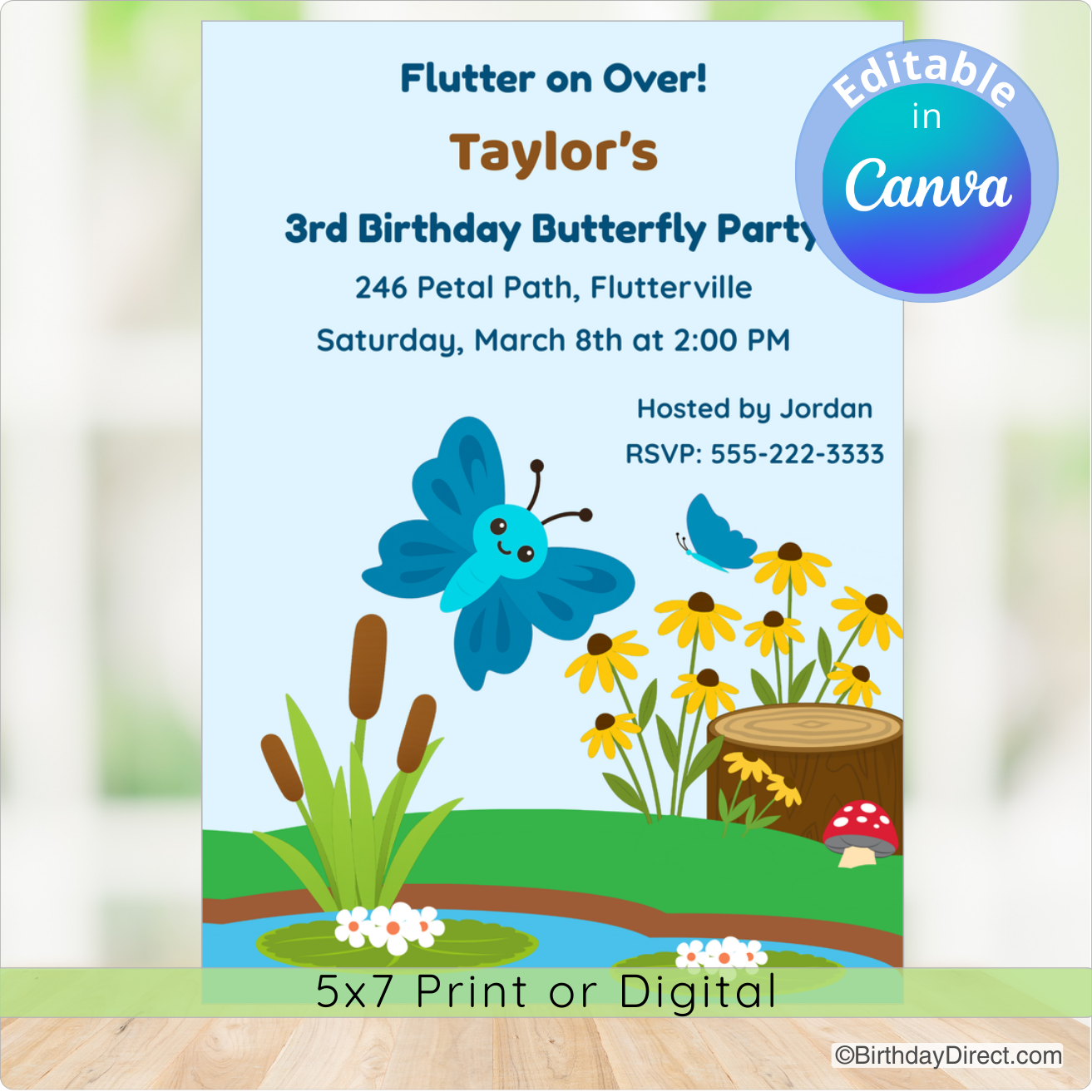 Birthday party invitation with butterfly design on a light blue background