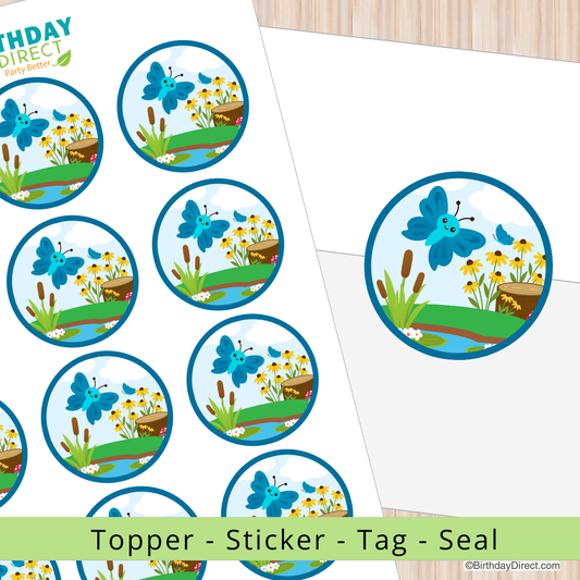 Butterfly-themed stickers with flowers and a pond on a white background, featuring Birthday Direct branding.