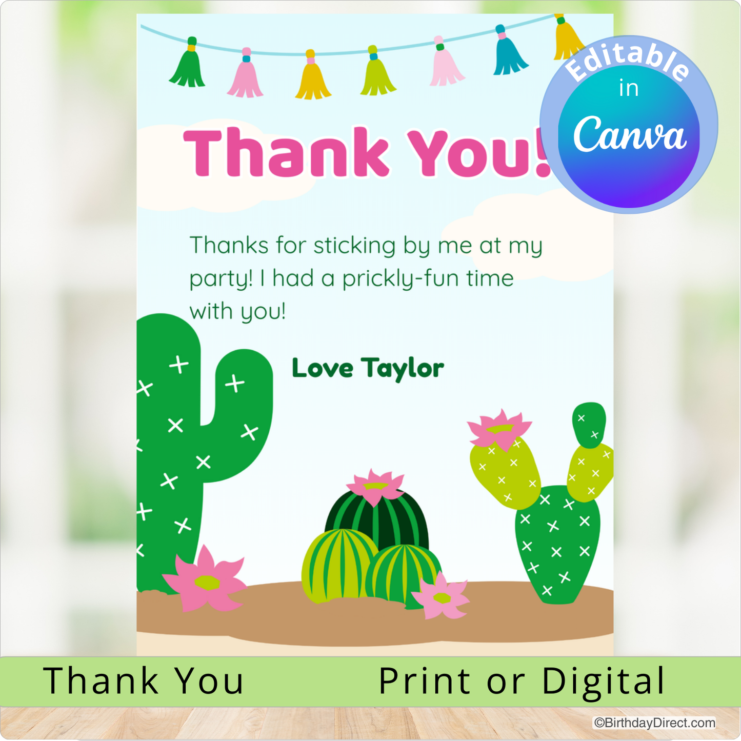 Thank you card with cacti design and editable text feature