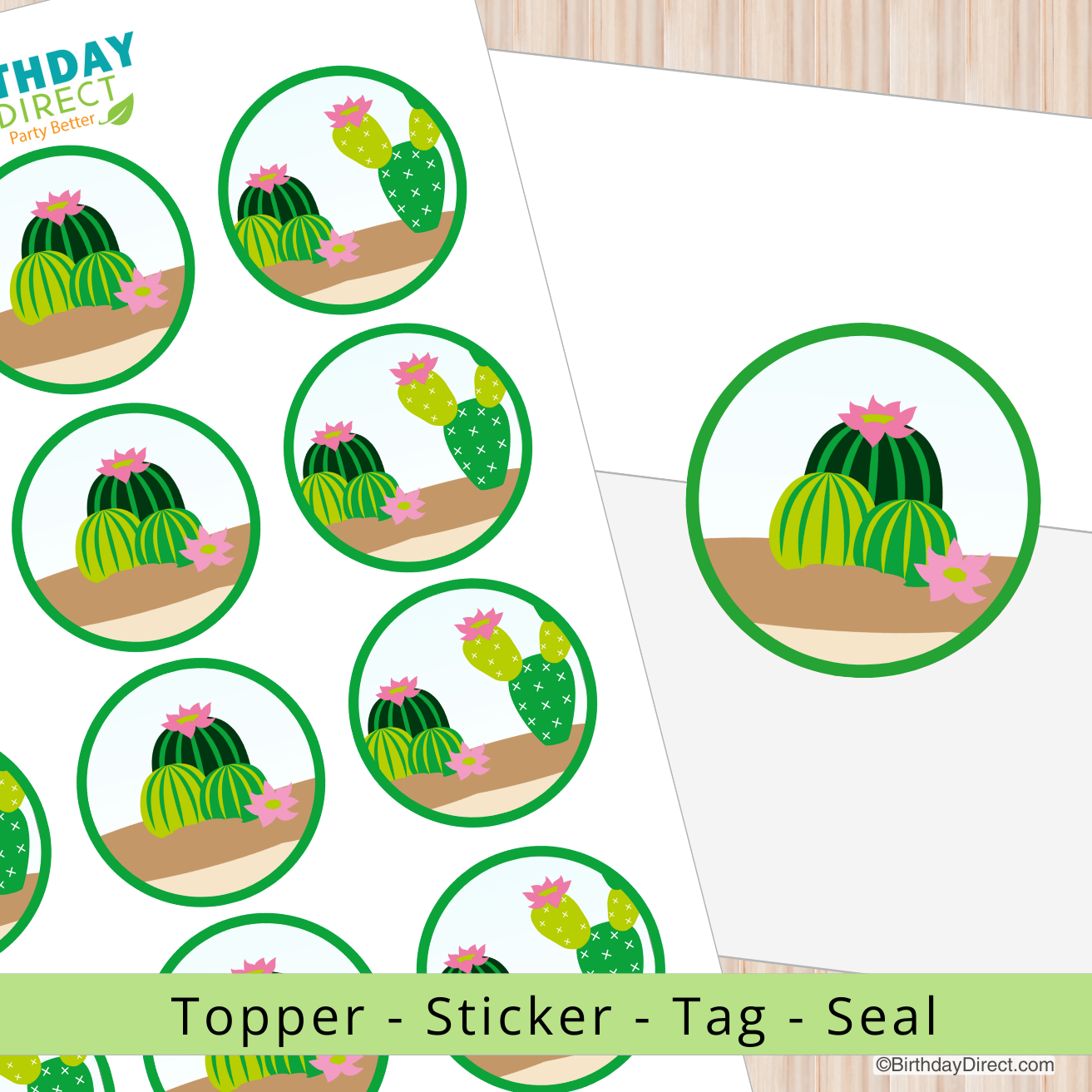 Cactus-themed topper, sticker, tag, and seal with 'Birthday Direct' branding on a white background.