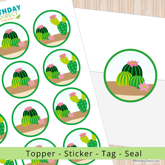 Cactus-themed topper, sticker, tag, and seal with 'Birthday Direct' branding on a white background.