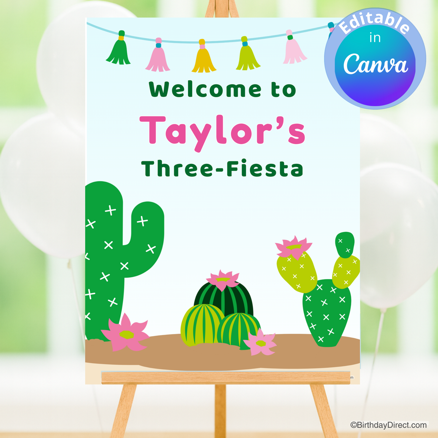 Decorative poster with cacti and a Fiesta theme, suitable for a birthday party.