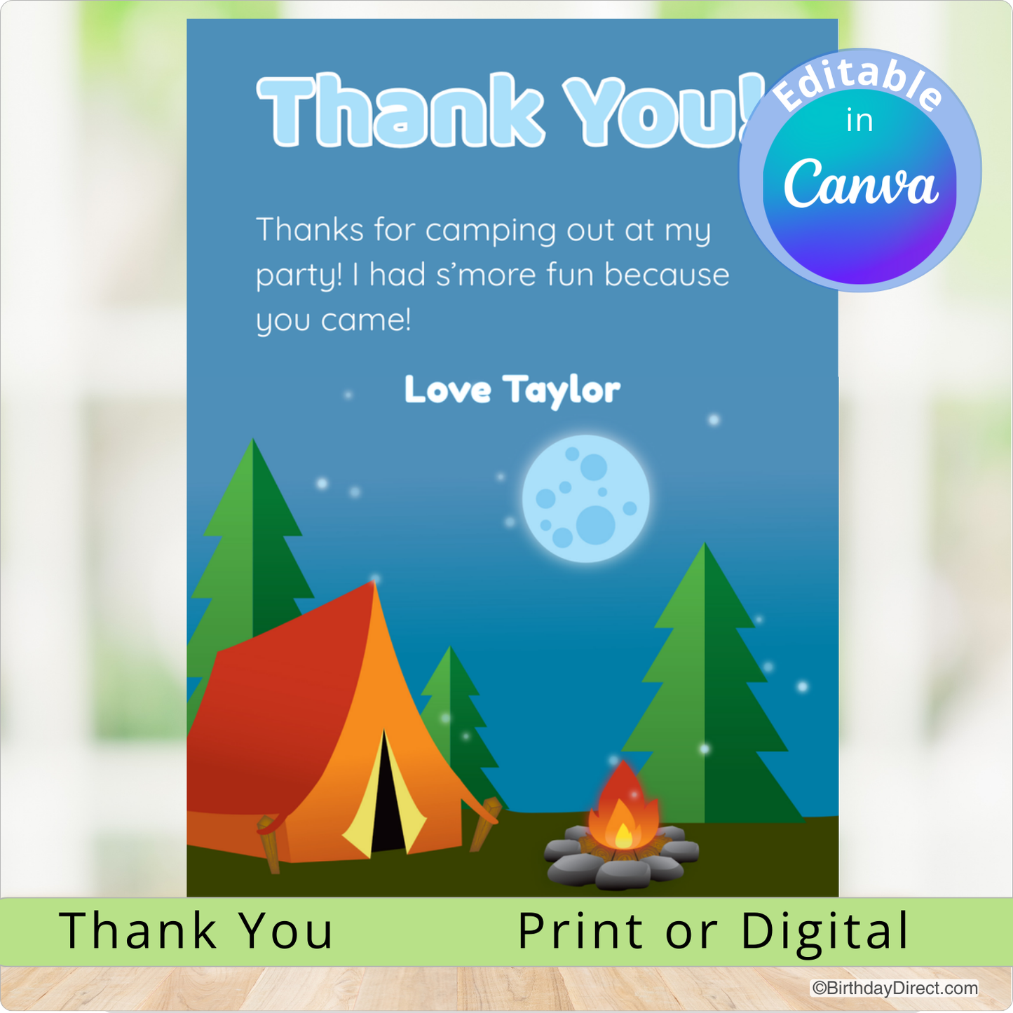 Camping-themed thank you card with a tent, campfire, and moon on a blue background.