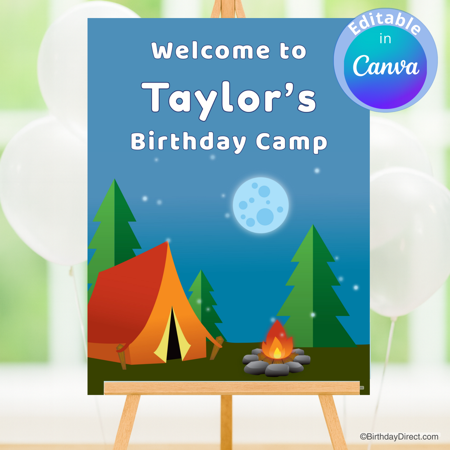 Birthday party poster with a camping theme featuring a tent, campfire, and moon on a blue background.